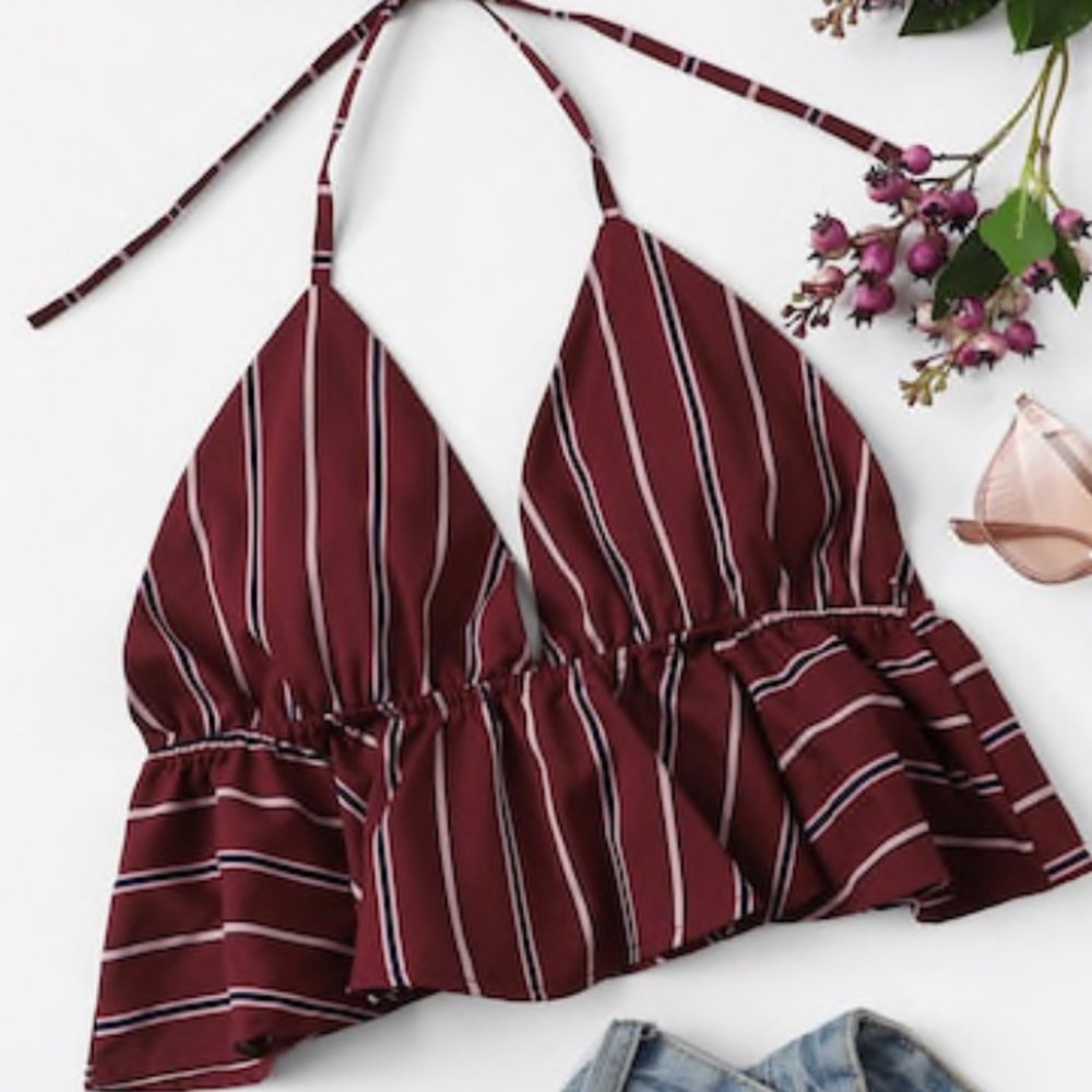 Striped ruffle hem halter top